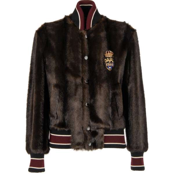 Stuffed Fake Fur bomber jacket with King and Crown embroidery in front and knit details by DOLCE & GABBANA