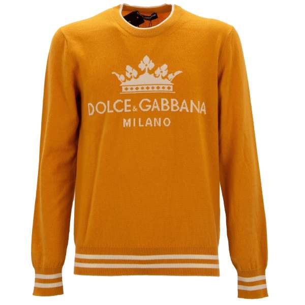 Sweater / Pullover aus Kaschmir mit Krone und DG Logo in Gelb und Weiß von DOLCE & GABBANA