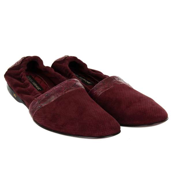 Exclusive Caiman and perforated suede Goat Leather moccasins shoes MARSALA in bordeaux by DOLCE & GABBANA