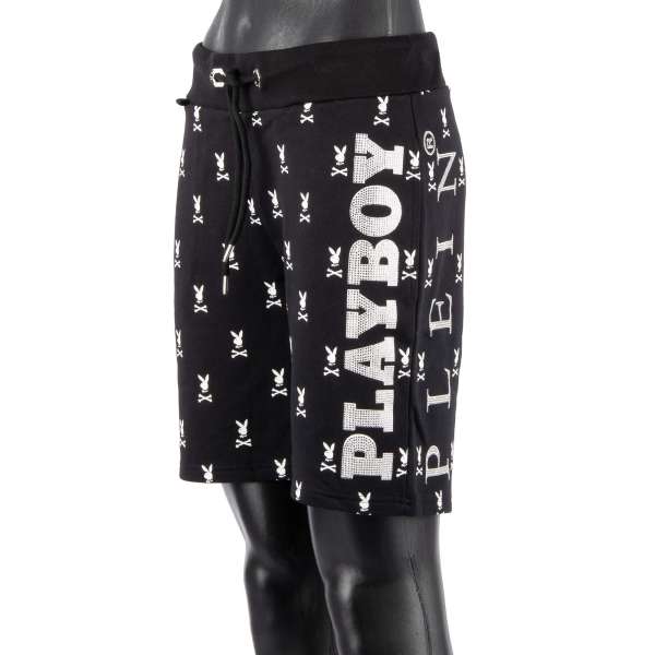Sport / Jogging Shorts with all-over skull bunny print, Crystals PLAYBOY PLEIN lettering and logo plaque at the back by PHILIPP PLEIN x PLAYBOY
