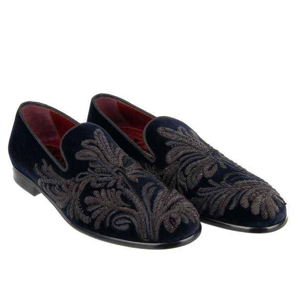 Velvet loafer shoes MILANO with goldwork floral pattern hand made embroidery in black and blue by DOLCE & GABBANA