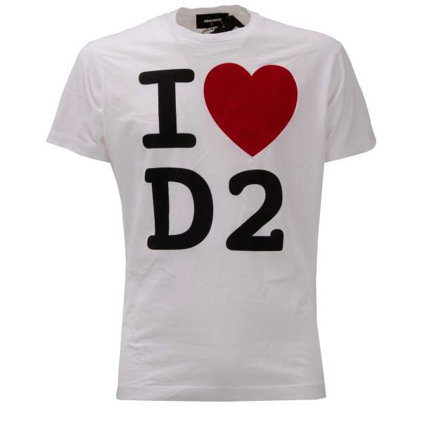 Cotton T-Shirt with I Heart D2 Logo Velvet Heart Application and Print in white, red and black by DSQUARED2