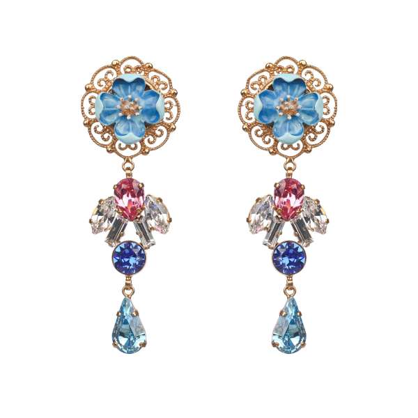 "Majolica" flower Clip Earrings adorned with crystals in blue, pink and gold by DOLCE & GABBANA