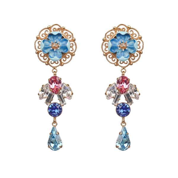 "Majolica"  Blumen Clip Ohrringe verziert mit Kristallen in blau, pink und gold von DOLCE & GABBANA