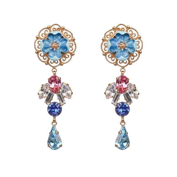 "Majolica"  Blumen Clip Ohrringe verziert mit Kristallen in blau, pink und gold von DOLCE & GABBANA