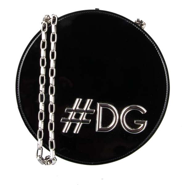 Patent Leather Clutch / Shoulder Bag DG GIRLS in circle shape with a large #DG Hashtag and metal chain strap by DOLCE & GABBANA