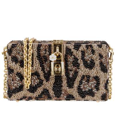 Leopard Satin Clutch Bag DOLCE BOX with Heat-Applied Crystals Brown Black Leopard Satin Clutch Bag DOLCE BOX with Heat-Applied Crystals Brown Black