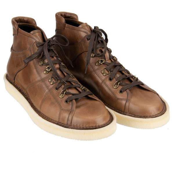 Leder High-Top Sneaker Boots MODIGLIANI mit Schnürsenkel in Braun von DOLCE & GABBANA