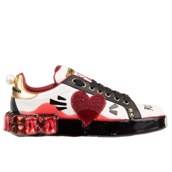 Leather Sneaker PORTOFINO with Pearls heart, studs, crystals, Royal Queen Graffiti and pearl on the back in black, gold, red and white by DOLCE & GABBANA