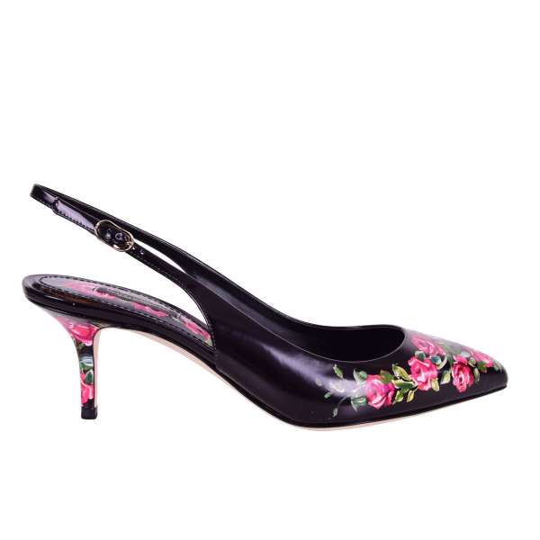 Klassische Slingback Pumps aus Leder BELLUCCI mit Rosen-Print von DOLCE & GABBANA Black Label