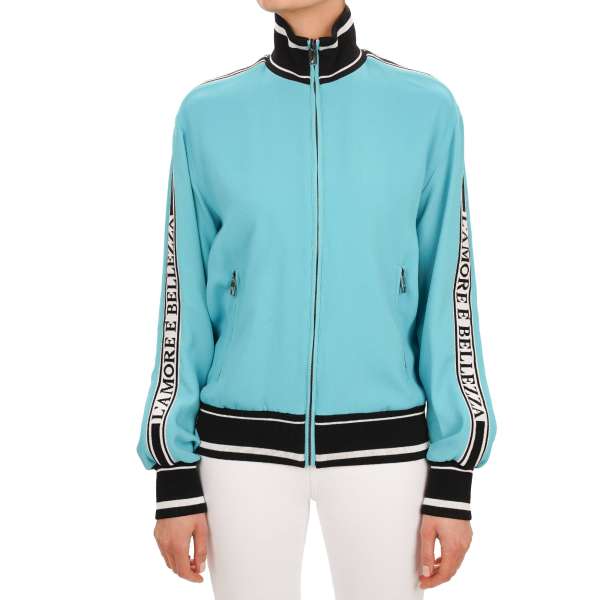 Turtleneck Oversize Jacket with L'Amore Bellezza writing on the sleeves in blue, black and white by DOLCE & GABBANA