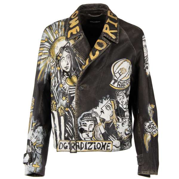 Unique oversize custom made Jacket DG Tradizione made of Bull Leather with religious and sacred heart graffiti painting by DOLCE & GABBANA