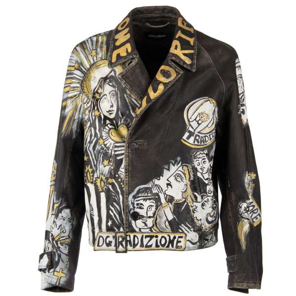 Einzigartige handbemalte Oversize Jacke aus Bullenleder mit religiösem Graffiti Motiv von DOLCE & GABBANA