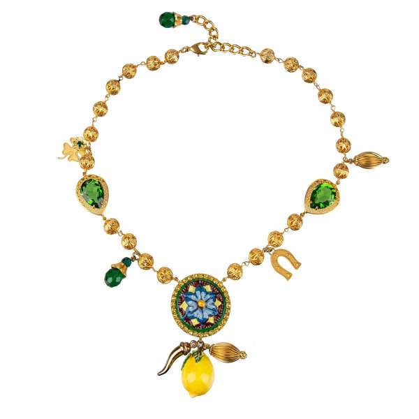 Chocker necklace with filigree details, crystals, lemon and cake elements in gold by DOLCE & GABBANA