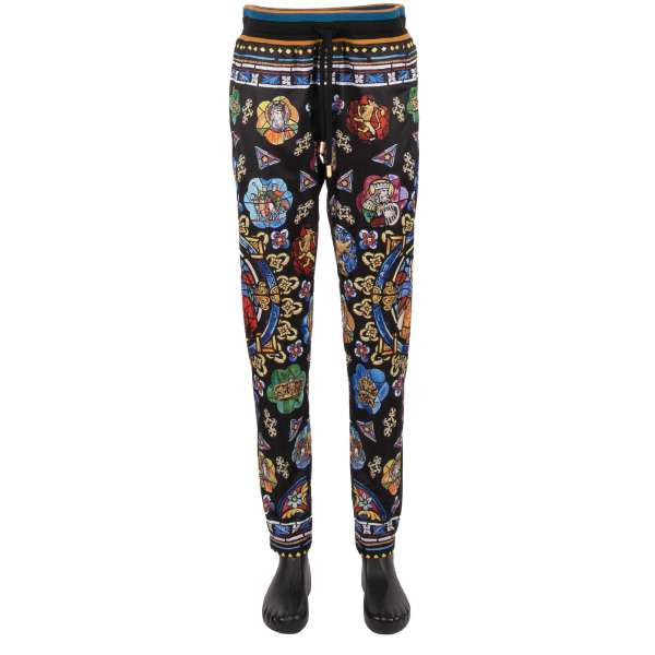 Satin Jogging Pants / Track Pants with Royal King Heraldry and logo print and zipped pockets by DOLCE & GABBANA