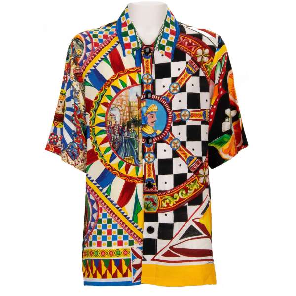 Oversize Hemd mit Carretto Siciliano Print in Gelb, Rot, Blau und Weiß von DOLCE & GABBANA 