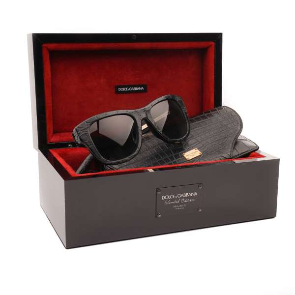 Limited Edition Sonnenbrille DG4177-Q aus Krokodilleder mit Etui aus Krokodilleder und Klavierlack Box aus Holz von DOLCE & GABBANA