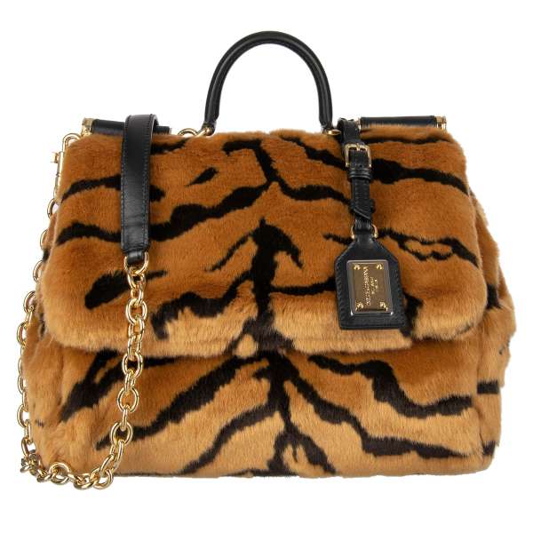 Calf leather and faux fur Tote / Shoulder Bag SICILY Mini embellished with logo plate pendant in tiger print by DOLCE & GABBANA