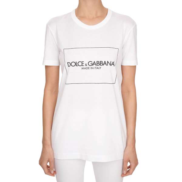 Cotton T-Shirt with Dolce Gabbana logo print and patch on the back in white and black by DOLCE & GABBANA