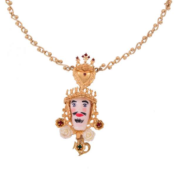 Sizilien Pupi König Collier aus vergoldetem Messing, Krone, weiße Rosen und handbemahlten König in Gold von DOLCE & GABBANA 
