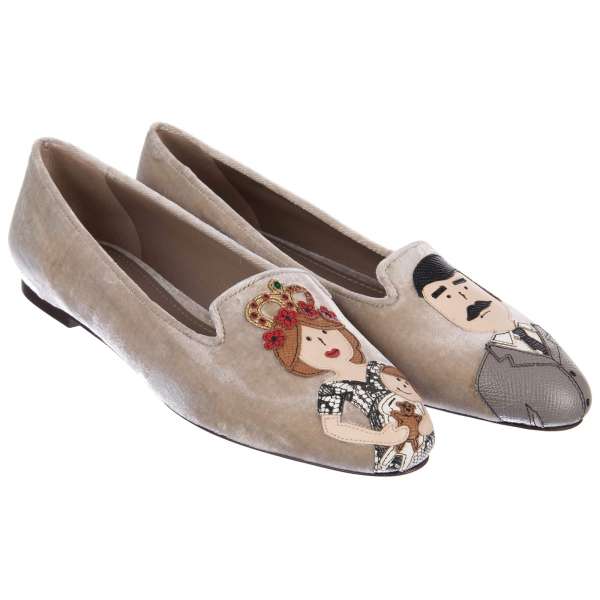 Velvet Ballet Flats AUDREY with DG Family Princess mother and father with a child applications in beige by DOLCE & GABBANA