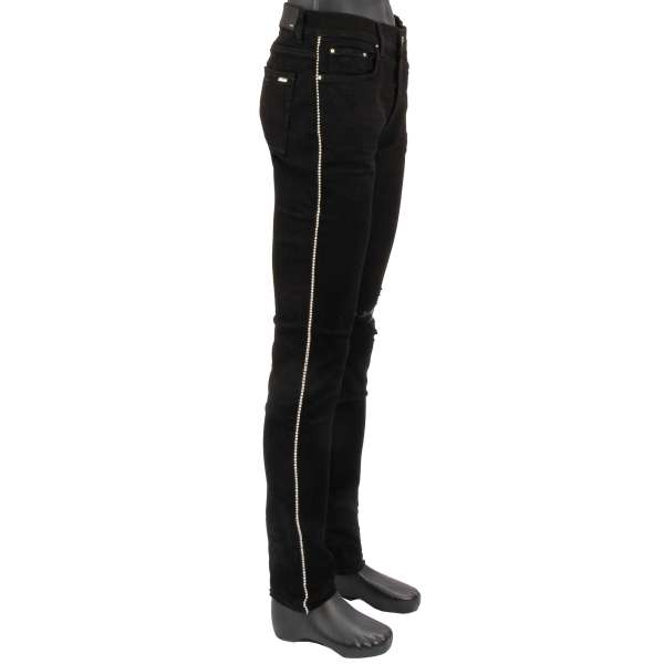 5-pockets Skinny Distressed Stretch Crystal Track Jeans in Black with crystals stripes on both legs by AMIRI