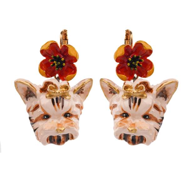 Terrier Hund handbemahlte Ohrringe verziert mit Blumen in rot, gold und beige von DOLCE & GABBANA 