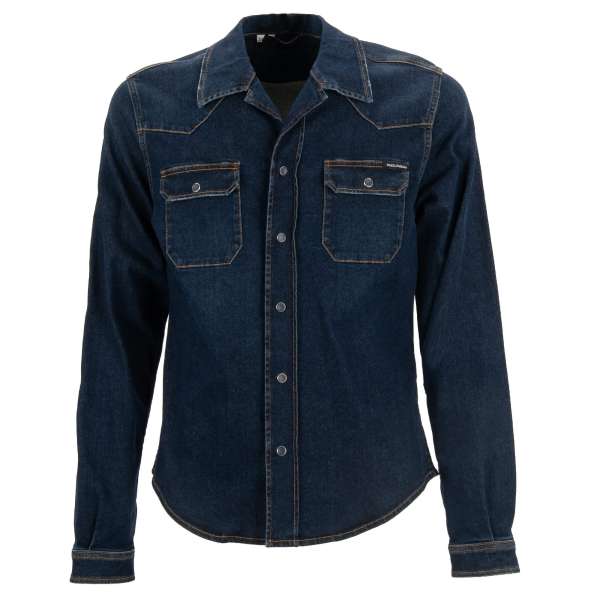 Jeans / Denim shirt with DG metal gold Logo plate and two front pockets in blue by DOLCE & GABBANA