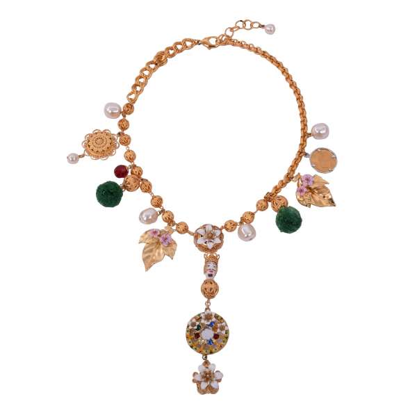 "Sicilia" Necklace with Crystals, artificial Pearls, Mirror and Flowers in Gold by DOLCE & GABBANA