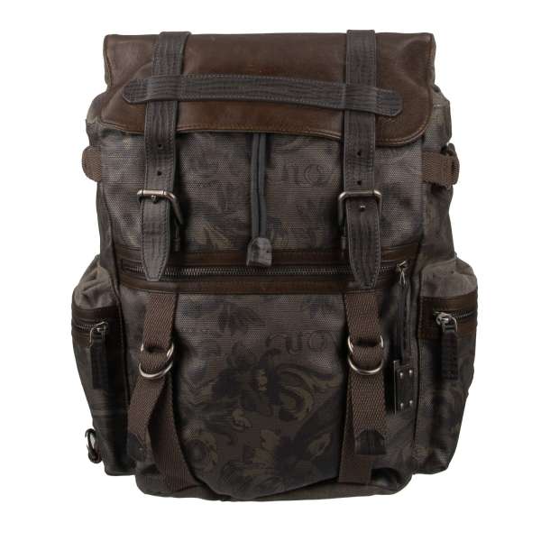 Military Style canvas and leather backpack with floral baroque print, pockets, logo pendant and logo texture by DOLCE & GABBANA