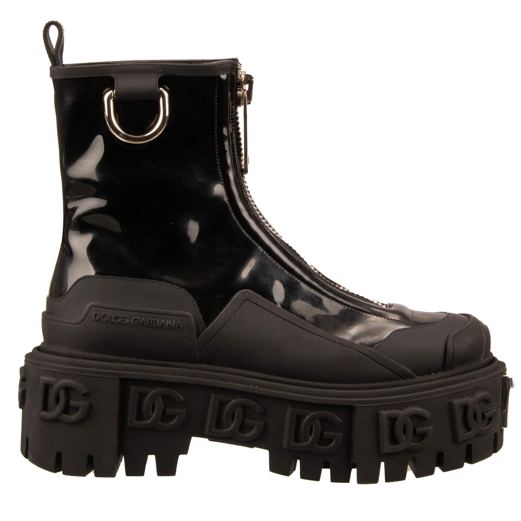 Dolce & Gabbana DG Logo Patent Plateau Hi Trekking Boots Black Silver | FASHION ROOMS