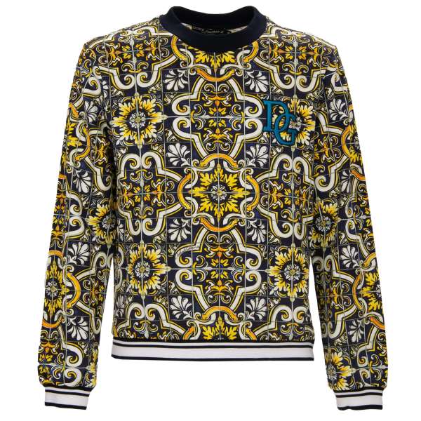 Cotton Sweater with Majolica print, embroidered DG logo and knitted details by DOLCE & GABBANA