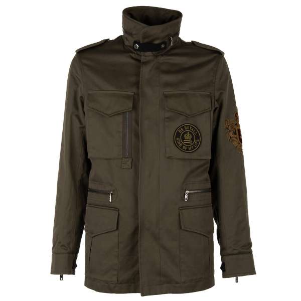Military Canvas Parka Jacket DG LOVE with patches, pockets, hidden hoody and a large embroidered logo crown at the sleeve by DOLCE & GABBANA