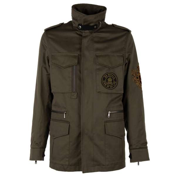 Military Canvas Parka Jacke DG LOVE mit Patches, Taschen, versteckter Kapuze und großem DG Logo mit Krpne am Ärmel von DOLCE & GABBANA