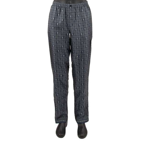 Silk Pyjama Pants with paisley owl print and pocket in gray and blue by DOLCE & GABBANA