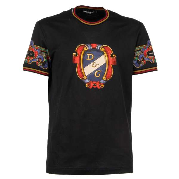 Cotton T-Shirt with baroque elements and logo print and logo sticker by DOLCE & GABBANA