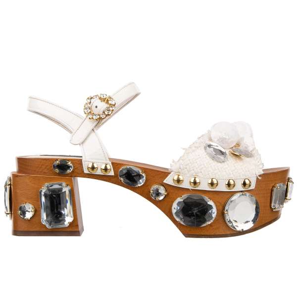 Wood, leather and raffia Sandals ARAGONA with crystals, pom poms and Maria brass pendants in white by DOLCE & GABBANA