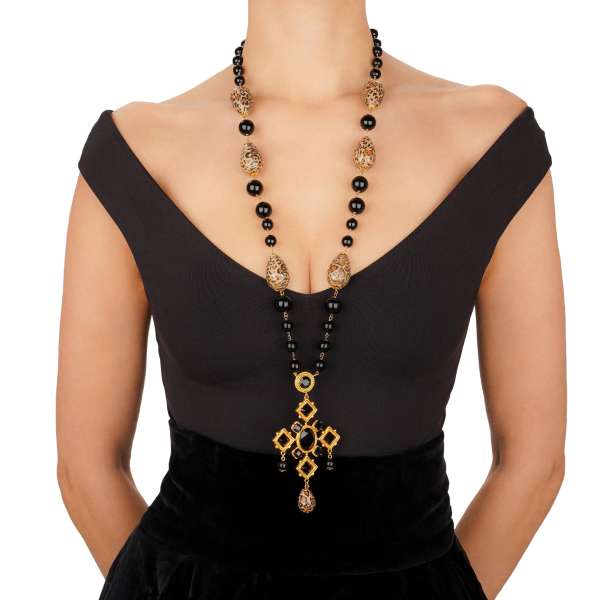 Chain necklace with crystal cross, leopard painted and black pearls in gold and black by DOLCE & GABBANA