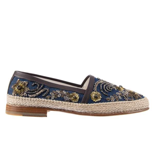 Crystals and metal pieces / seam embroidered Espadrilles PIANOSA made of denim and leather by DOLCE & GABBANA