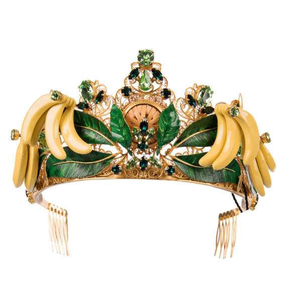 Filigrane Tiara / Krone mit handgemalten Blättern, Bananen und Kristallen in Gold von DOLCE & GABBANA