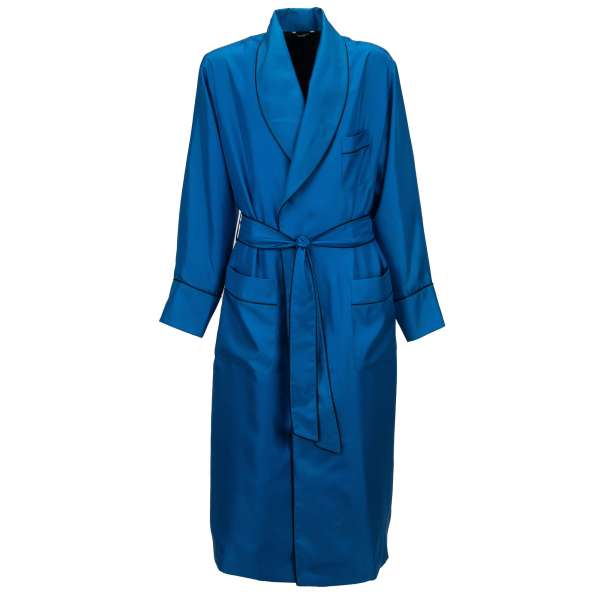 Silk Coat / Robe with black edges and large shawl collar and pockets in blue by DOLCE & GABBANA