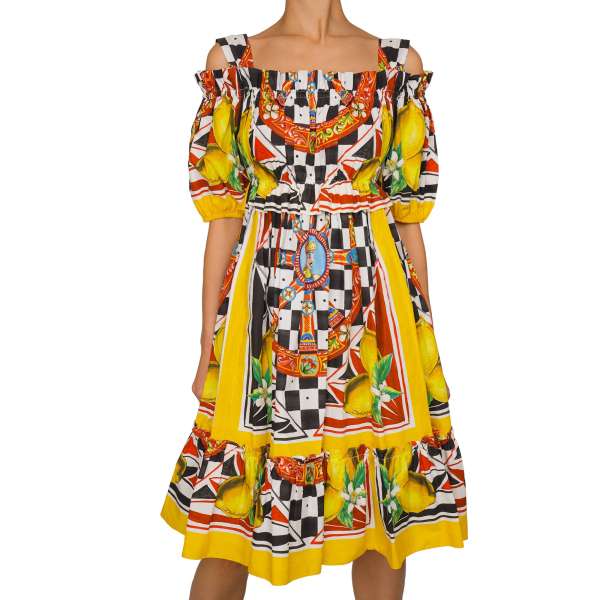Kleid aus Baumwolle mit Carretto Siciliano und Zitronen Print in Weiß, Gelb, Rot und Schwarz von DOLCE & GABBANA