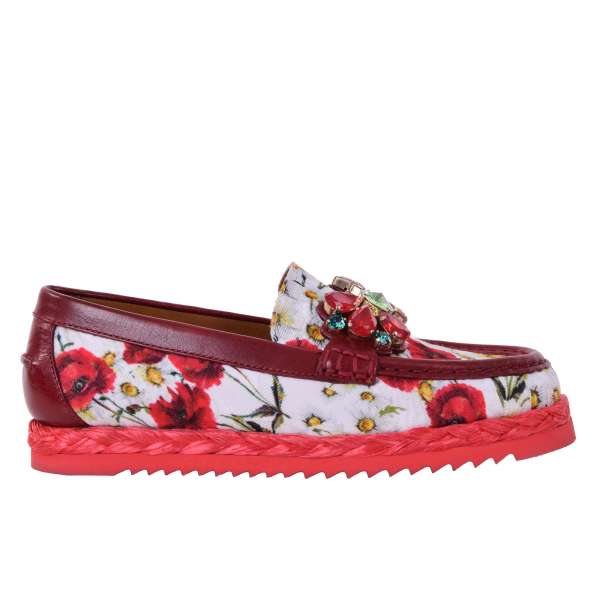 Ladies carnation printed brocade Moccasins embellished with crystals by DOLCE & GABBANA Black Label