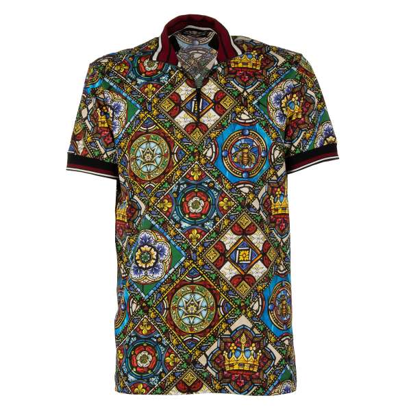 Cotton Polo Shirt with Napoleon Bee, Crown print and zip closure in black, blue, green, red and white by DOLCE & GABBANA