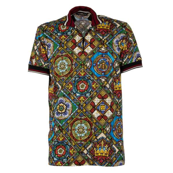 Polo Shirt aus Baumwolle mit Napoleon Biene, Krone Print in Blau, Grün, Rot, Schwarz und Weiß von DOLCE & GABBANA