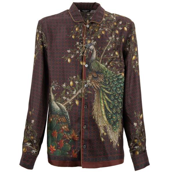 Seide Pyjama Hemd mit Pfau Vogel Zitronen Print und eine Tasche vorne in braun, grün und blau von DOLCE & GABBANA 