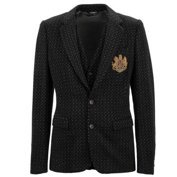 Cashmere and Silk Blazer with Vest with polka dot pattern, goldwork embroidered DG logo and lions coat of arms in black by DOLCE & GABBANA