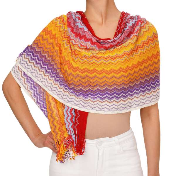 Large zigzag pattern woven Poncho Scarf / Foulard in white, orange, red and purple by MISSONI