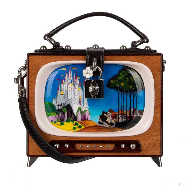 Handbemahlte Retro TV Handtasche / Schultertasche / Clutch DOLCE BOX aus Holz mit Märchen Bild,  Schlangenleder Riemen und großem Spiegel von DOLCE & GABBANA