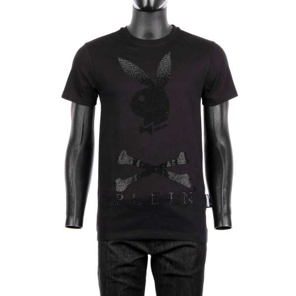 T-Shirt with a large crystals Bunny Skull logo and PLEIN lettering at the front and crystals 'Playboy X Plein' lettering at the back by PHILIPP PLEIN x PLAYBOY